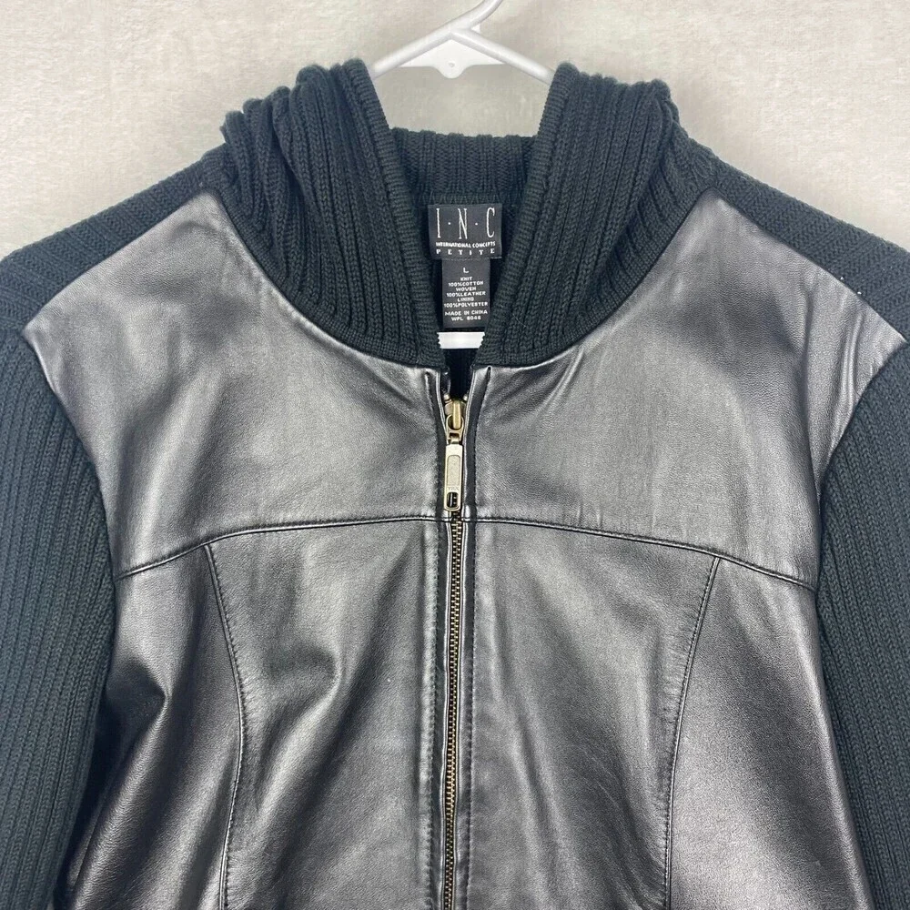I.N.C Leather Jacket Womens Large Petite Black Pockets Hooded Ladies Jacket - Picture 5 of 11